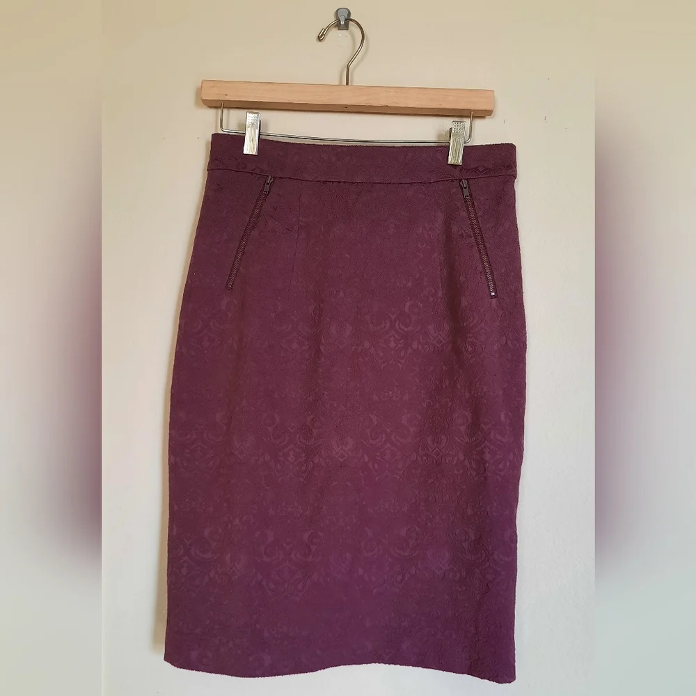 Downeast Rich Burgundy Tapestry Brocade Pencil Skirt Office Career Church